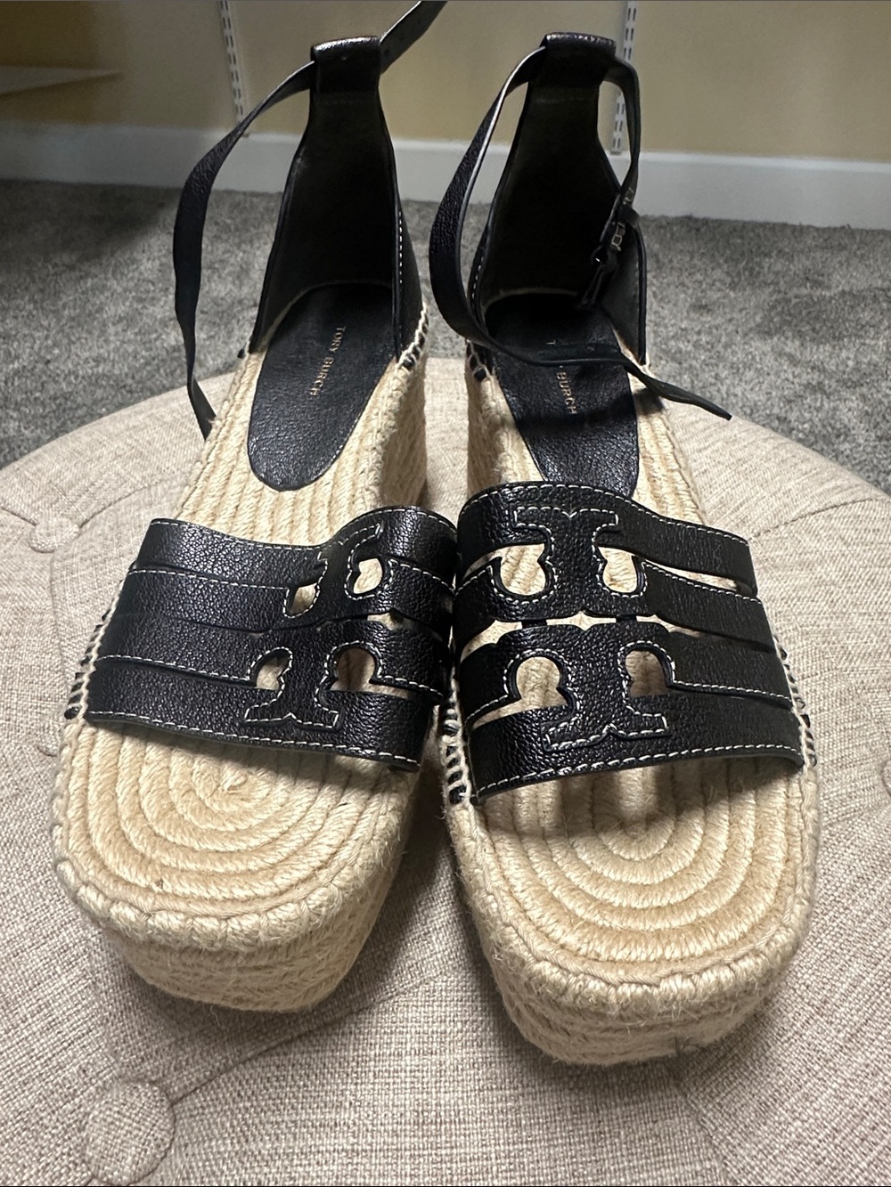 Tory Burch Black Leather Espadrille Platform Sandals